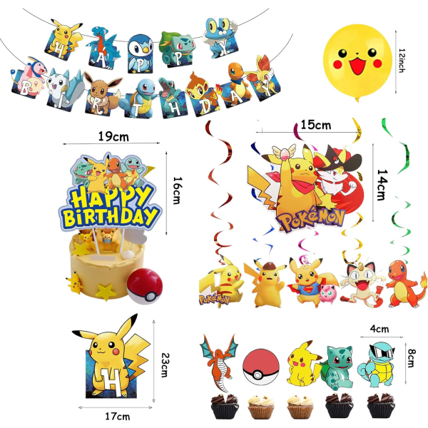 Synttärikoristeet Pikachu-ilmapalloilla, Onnea Syntymäpäiväksi -lippu ja kakkukoristeet