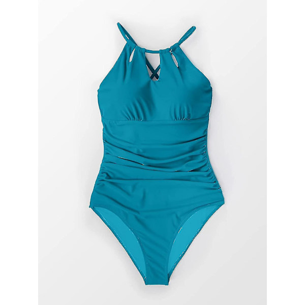 Dam badkläder i ett stycke med hög hals, strandkläder, rynkad magkontroll, baddräkt Turquoise S