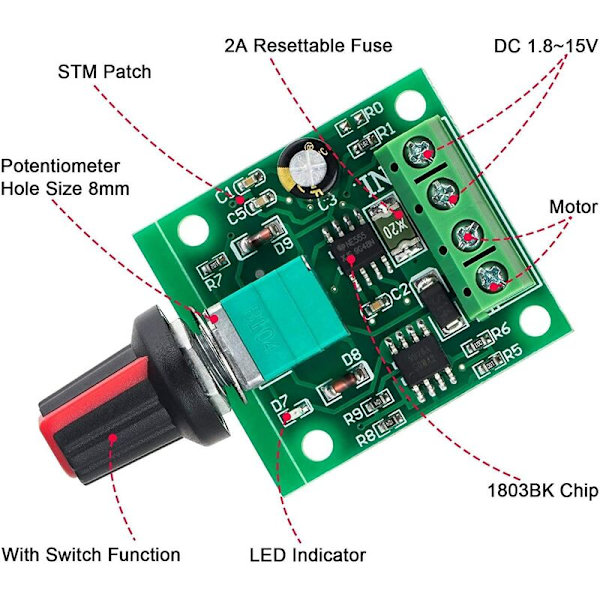 4 kpl PWM-nopeudensäätimiä, 1.8V 3V 5V 6V 12V 2A 1803BK DC-moottorin nopeudensäädin, säädettävä käyttökytkin itsensä palauttavalla sulakkeella