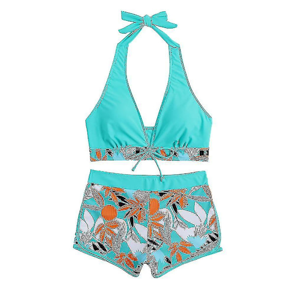 Dambikini med Halterneck Push Up BH, Baddräkt med Shorts, Tvådelad Baddräkt, Sommarstrandkläder, Badkläder Dark Green 2XL
