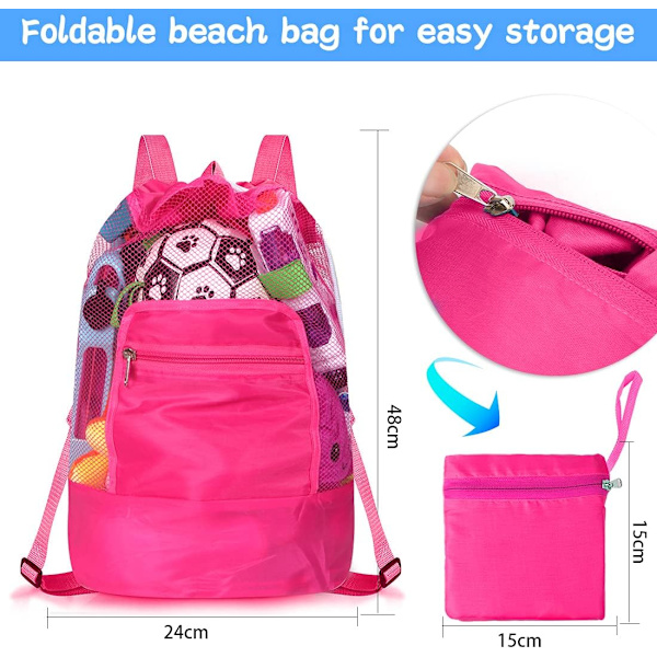 Strandleketøypose, Stor Mesh-pose, Foldbar Pose & agrave; Rygg Strandleketøy Oppbevaringsmeshpose for Klær, Leke, Håndkle, Svømming, Strandreise - Rosa