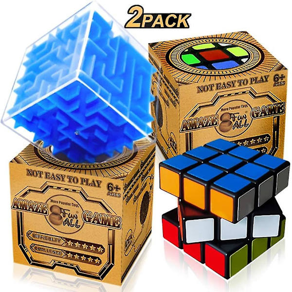 2-pakks Speed Cube og Magic Maze Puslespillboks 3x3 Sett, 3D Kuber Hjernepuslespill Bokser Leke for Barn Voksne Hjem Reise Skole Festgaver Hjernepuslere Edu