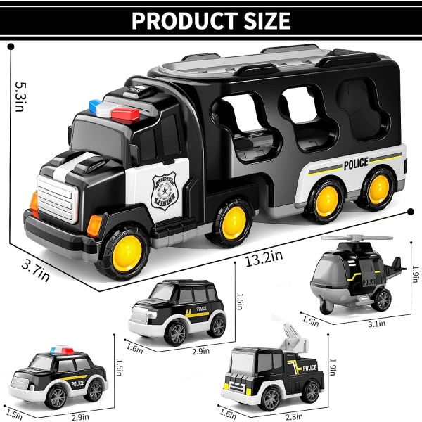 Politilastbillegetøj til småbørn 3 4 5 6 år gammel, 5 i 1 lastbil Friktionskraftlegetøjsbil Julefødselsdagsgaver til 3-5-årige drenge og piger