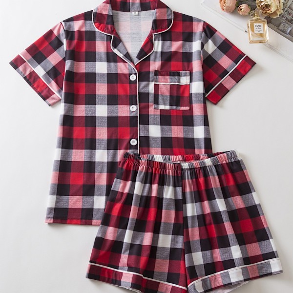 Nya kortärmade shorts avslappnad kofta rutiga dam pyjamas hemkläder S Red and black