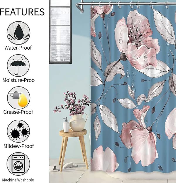 Blommiga Duschdraperier För Badrum, Rosblommor Duschdraperi Set Blue 72*72