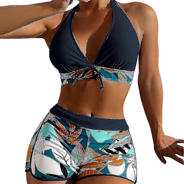 Dambikini med Halterneck Push Up BH, Baddräkt med Shorts, Tvådelad Baddräkt, Sommarstrandkläder, Badkläder Black M
