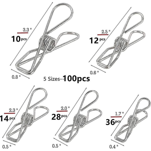 100 stk. Tøjpinde - Rustfrit Stål Klemmer Til Vasketøjssnor, Metal Klemmer - Pakke Med 5 Gaver
