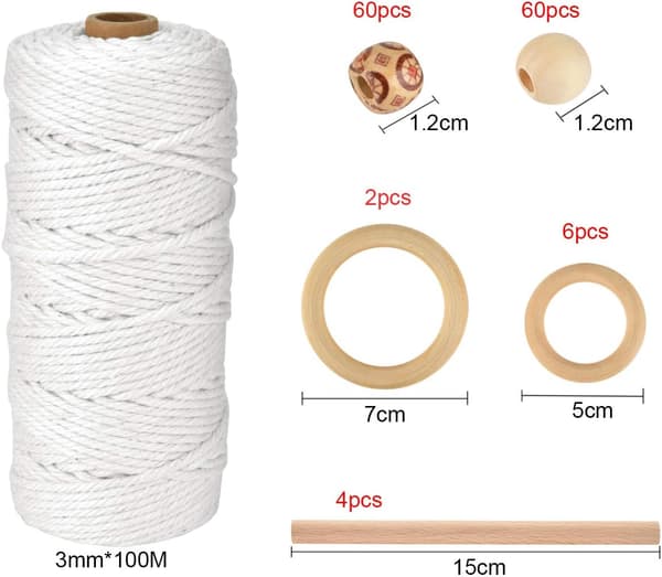 Spetsrep, 3 mm x 100 m bomullsrep med träpärlor, träringar, sticka av trä