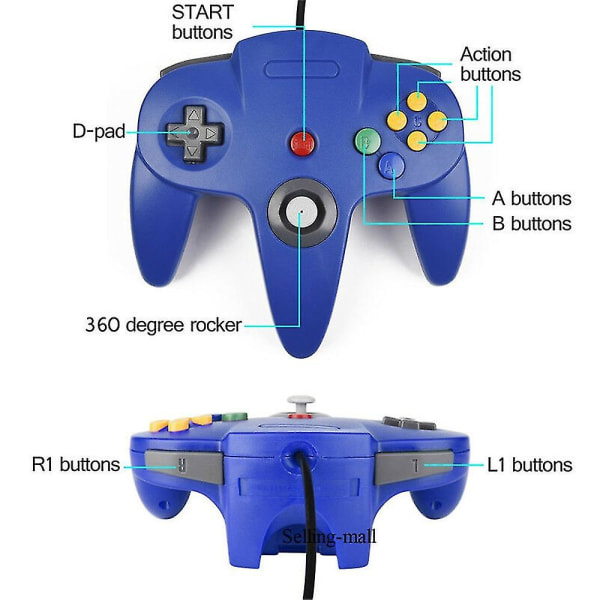 2 Pak Klassisk Ledningsforbundet N64 Controller Retro Spil 64-bit Gamepad Joystick Udskiftningscontroller 07 1pc