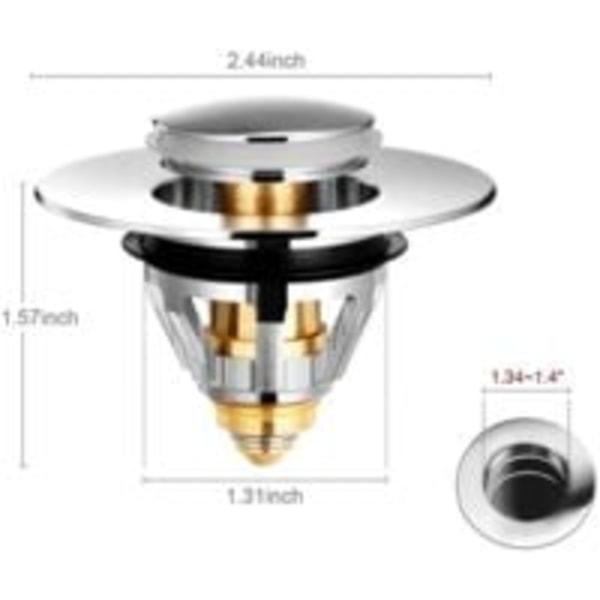 Universal Avloppsfilter för Handfat, Anti-Igentäppning Rostfritt Stål Push-Block Stopp, Handfat Avlopp, Anti-Lukthårfilter för Hål 1.33” till 1.49”