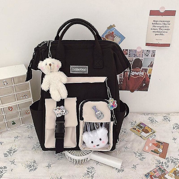 4 st set canvas skolväskor för tonårsflickor ryggsäck kvinnor laptop ryggsäck skolväskor för pojkar resebagpack Mochila Escolar 1pcs black-bear