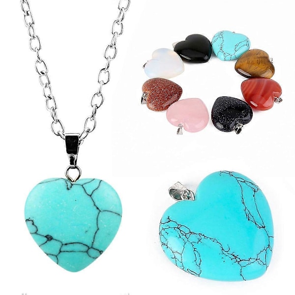 Stilfullt halsband med hjärtformat hänge i natursten för älskare, rosa kvartskristall onyx smycke (Blå turkos)
