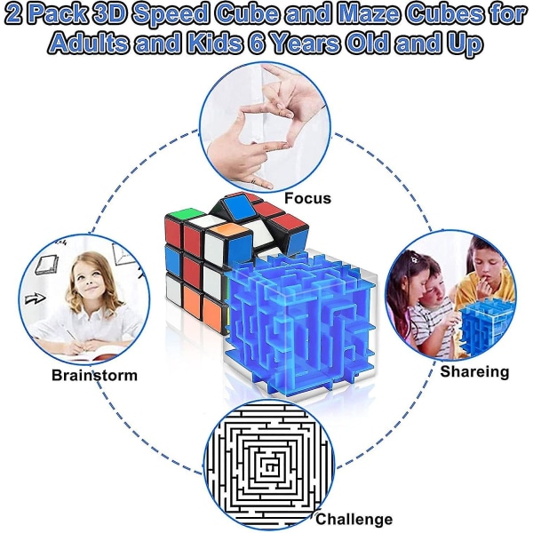 2-pack Hastighetskub och Magisk Labyrinth Pusselbox 3x3 Set, 3D Kuber Sinnespusselboxar Leksaker för Barn Vuxna Hem Resa Skola Festpresenter Hjärngåtor Edu