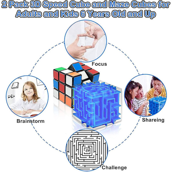 2-pakks Speed Cube og Magic Maze Puslespillboks 3x3 Sett, 3D Kuber Hjernepuslespill Bokser Leke for Barn Voksne Hjem Reise Skole Festgaver Hjernepuslere Edu