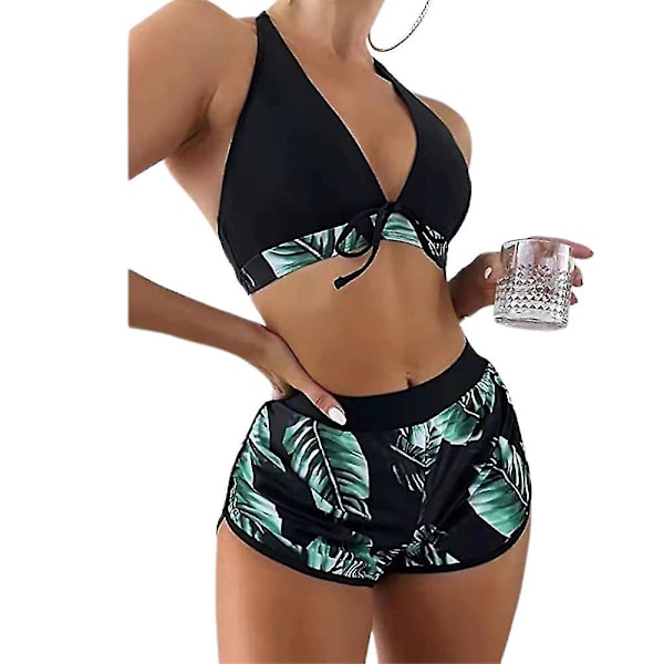 Damer Damer Blomstermønstret Halter Hals Kit Badetøj Badetøj Shorts Thong Svøm Strand Sæt Green M