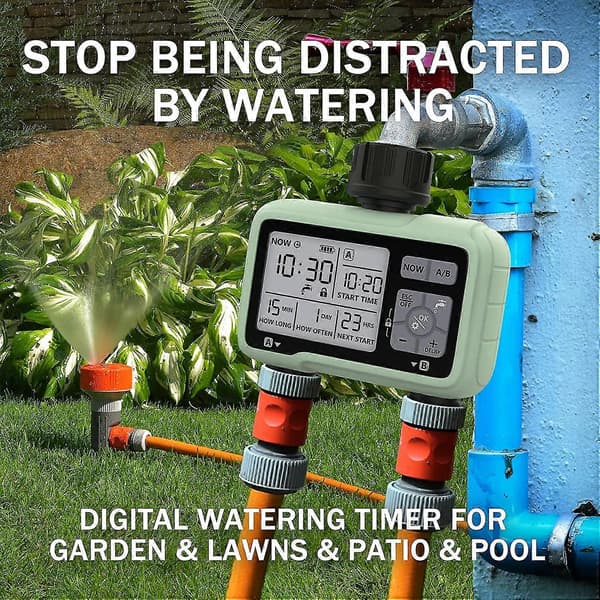 Vattentimer Bevattningssystem, 2 Utlopp Vattensprinkler Timer Gräsmatta & Trädgårdsbevattningsutrustning/Automatiskt Bevattningssystem/IPX5 Vattentät/Barnlås Mo