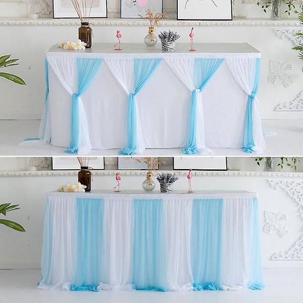 Stribet Netgarn Bordskørt Bryllupsdug Hjemmebanket Dekoration Dessert Servise Klud Til Babyfødselsdagsfest White-blue 9FT 2.75mX0.77m