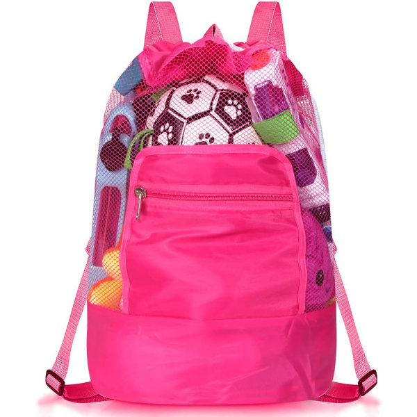 Beach Toys Bag, Large Mesh Bag, Folding Bag & agrave; Back Beach Toy Storage Mesh Bag för kläder, leksaker, handduk, simning, Beach Travel-Pink