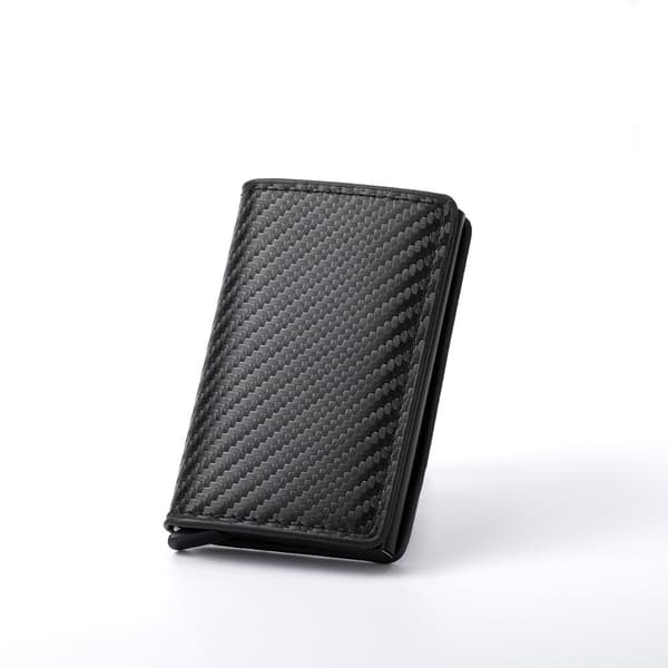 (NY) Karbonfiber pop-up kortholder med RFID-beskyttelse, PU-materiale, svart
