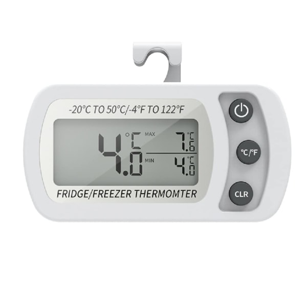 Digital Køleskabs Termometer, Vandfast Fryser Termometer med Krog, Let at Læse LCD Skærm, Max/Min Optagefunktion (Hvid)