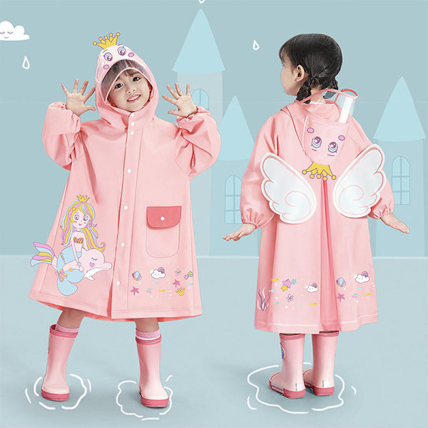 Lasten sadetakki pojille ja tytöille alakouluikäisille uusi tyyli lapsille 3-10 vuotta vanhoille lapsille kouluun koululaukkujen kanssa sadetakki Pink-Mermaid L Height 110-125 cm
