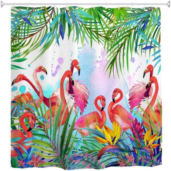 Flamingo duschdraperi, tropiska löv och blommor Vattentät anti-mögel tyg duschdraperier för badrum