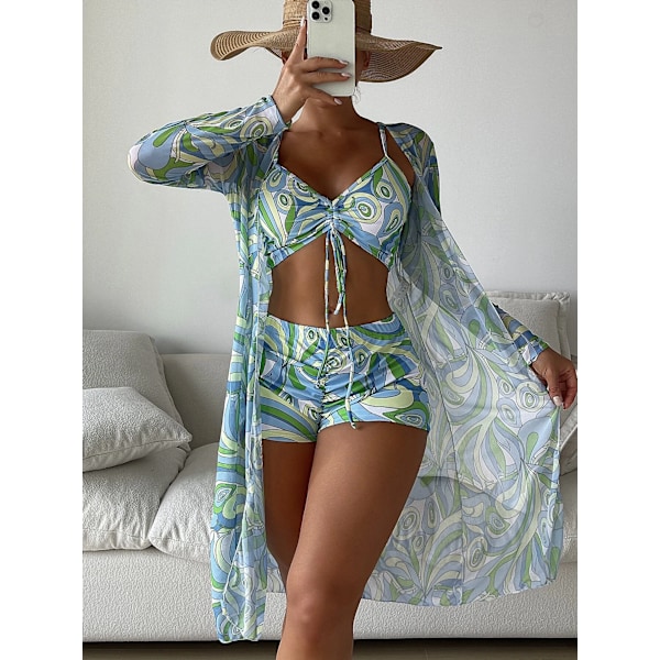 Dam baddräkt tredelat set hög midja långärmad ins blus Pattern 2 M