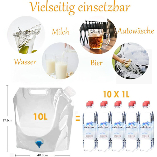 Hopfällbar Vattenflaska, 2-pack, 10L Vattentank, Hopfällbar med Kran, Bärbar Drickflaska, Vattenbehållare, BPA-fri för Camping, Hiki