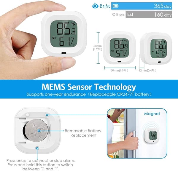 bluetooth hygrometer termometer, trådløs sensor med alarmnotifikation