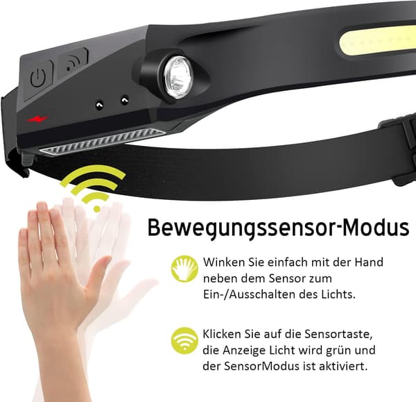 LED-hodelykt med sensor, oppladbart, 230° flomlys