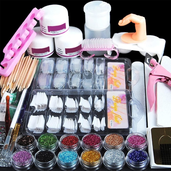 Akryl Nail Kit Akryl Pulver Med Allt Professionellt För Nybörjare Glitter Powder Falsk Nail
