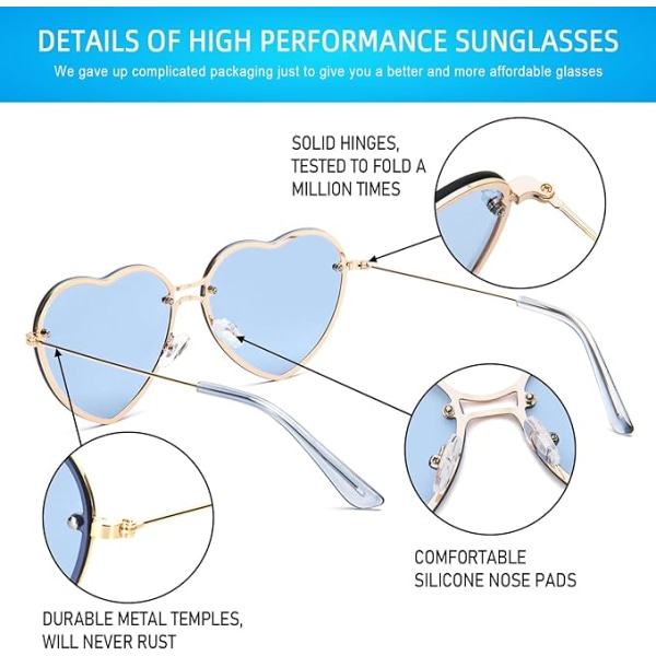 Sydänmuotoiset aurinkolasit naisille, muodikkaat kehyksettömät aurinkolasit UV401, juhlalasit