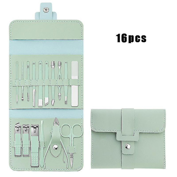 Set med 16 Nagelklippare i Rostfritt Stål, Nagelklipparset med Vikbart Fodral, Manikyr Saxar, Naglar Mint Green