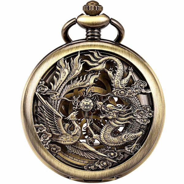 Retro lommeur til mænd med kæde analog manuel optræk drage fenix skelet romersk