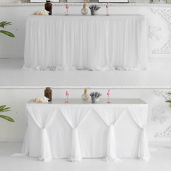 Stripete nettgarn bordskjørt Bryllup bordduk Hjem Bankett Dekorasjon Dessert Servise Klut For Baby Bursdagsfest White-white 9FT 2.75mX0.77m