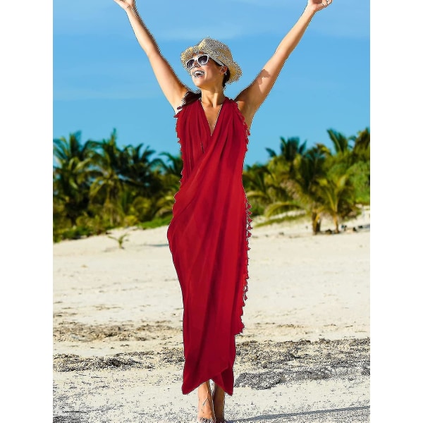 2 stk. Kvinders Strand Batik Lang Sarong Badetøj Cover Up Wrap Pareo Med Kvast Til Kvinder Piger (sort, rød  XL)