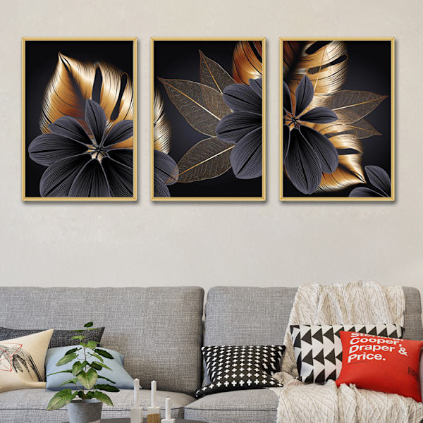 Väggdekor för vardagsrum och sovrum - Modern väggkonst, presentbilder, guld, grön, blommor, växter, ramfri, 40*60cm