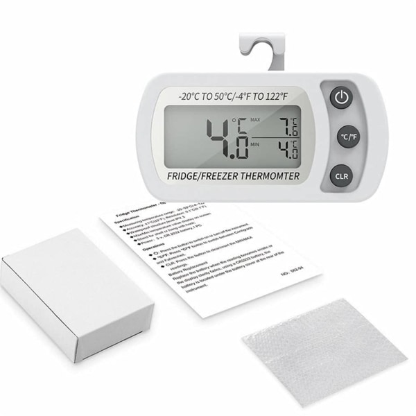 Digital Køleskabs Termometer, Vandfast Fryser Termometer med Krog, Let at Læse LCD Skærm, Max/Min Optagefunktion (Hvid)