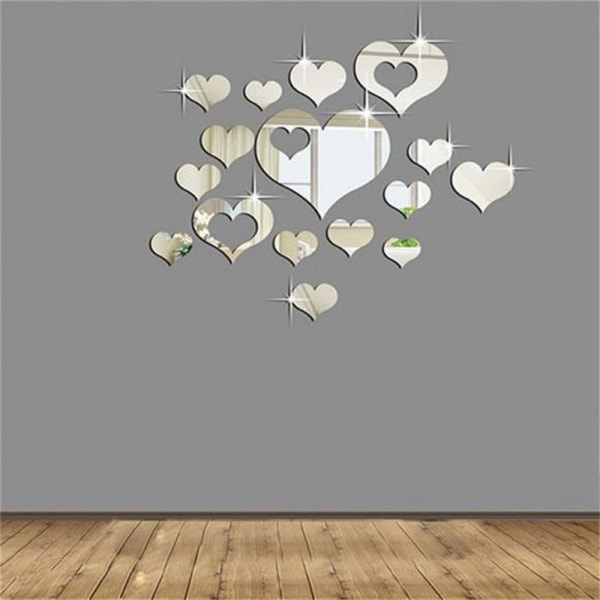 16 st Silver Hjärta Spegel Väggdekor Akryl DIY Väggdekor