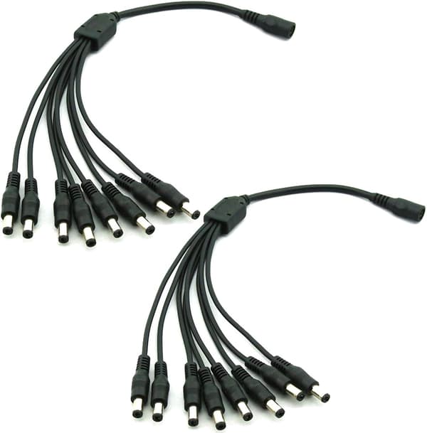 2-pak - 1 til 8-vejs DC-strømsplitterkabel 5,5 mm x 2,1 mm hanstik til CCTV-kameraer