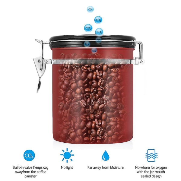 1,5 l Lufttæt Kaffebeholder i 304 Rustfrit Stål - Opbevaringsbeholder - Vinrød