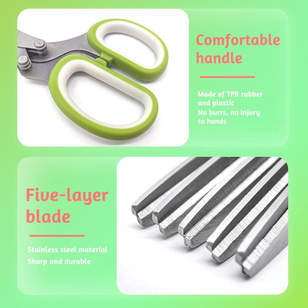 Urtesaks i rustfrit stål, køkkensaks Multifunktionelle saks med 5 blade, til at klippe urter, med låg og rengøringskam