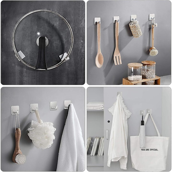 Stærke Selvklæbende Kroge, Væghængere, Robust Rustfrit Stål Holder, Selvklæbende Kroge til Køkken, Badeværelse, Hjemmedør, Håndklæde, Frakke Silver