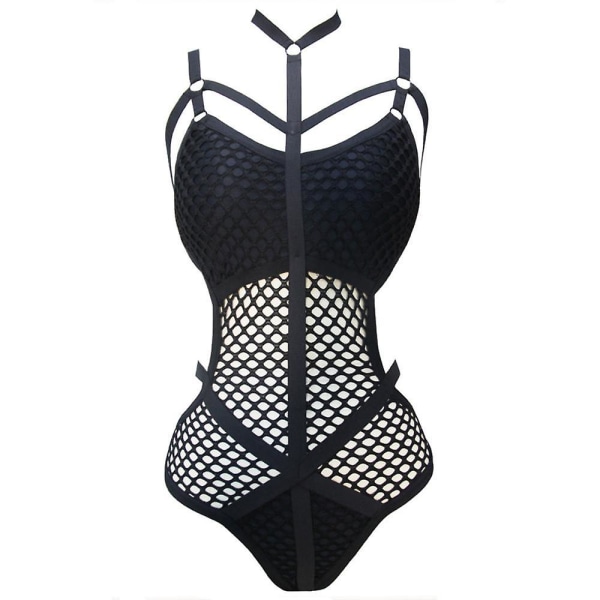 Kvinners gjennomsiktig strikket fiskenett-badesett Black XL