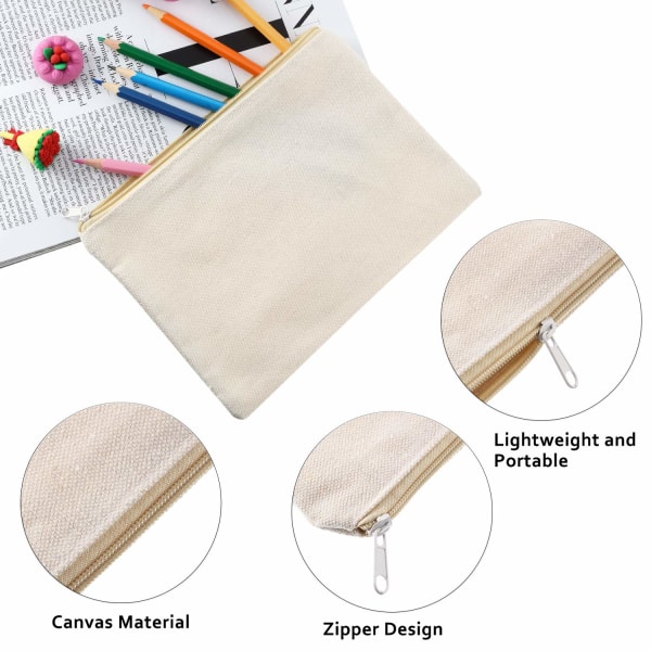 16-pak multifunktionel kosmetiktaske med lynlås Canvas Makeup-poser Rejsetoilettaske Pen Blyantstaske Blank DIY Craft-taske (L, beige)