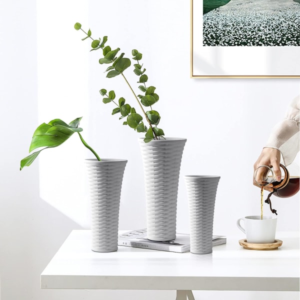 Hvit keramisk blomstervasesett med 3, dekorativt pynt vasebrønn for støtteplanter Hjemmekontor Soveromdekorasjon Ideell gave og samling