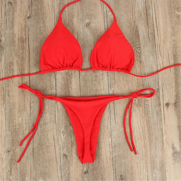 Kvinners Ultra Tynne Elastiske Thong Bikini Sett Side Tie Sexy Ensfarget Badedrakt Bandasje Stil Brasiliansk Badetøy Pink S