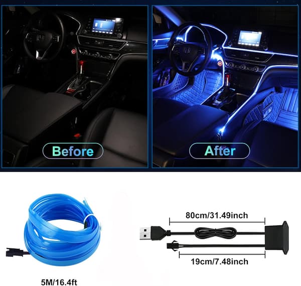 Billamper för interiör, 5m LED-remsa för bil, 5V Auto LED-remsa för interiör, Passar alla bilmodeller Stämningsbelysning (Vit)