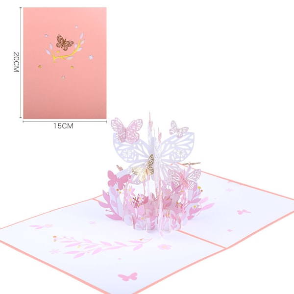 Tredimensionellt gratulationskort fjäril blomsterkorg välsignelse liten färsk pappersskulptur kreativ present födelsedag pink