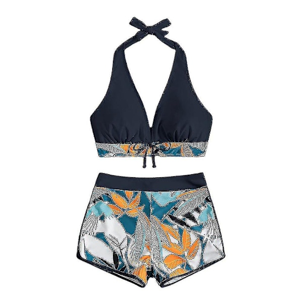 Dambikini med Halterneck Push Up BH, Baddräkt med Shorts, Tvådelad Baddräkt, Sommarstrandkläder, Badkläder Black XL